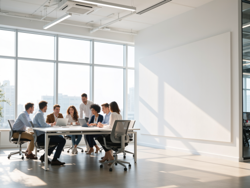 Modern office environment of Zhongken Cailiang company, team members discussing projects in a well-lit conference room with natural lighting